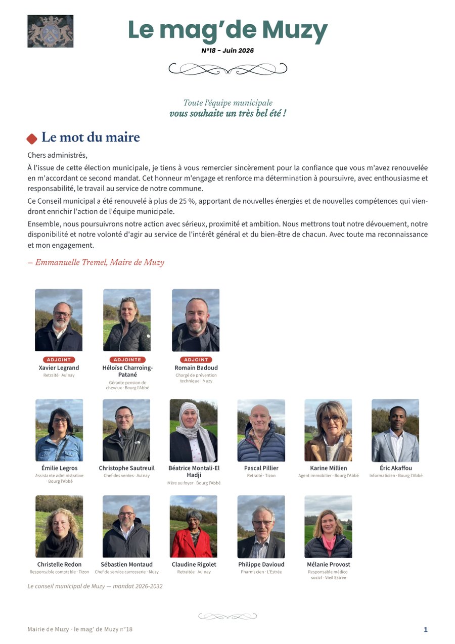 Couverture du mag’ de Muzy n°18, juin 2026 : le mot du maire et le trombinoscope du conseil municipal